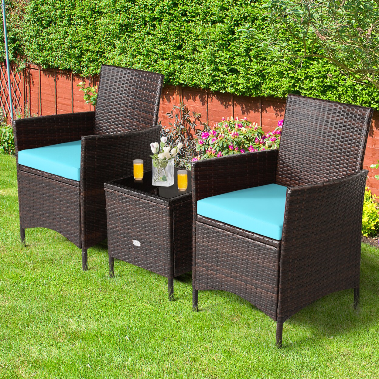 3Pcs Outdoor Rattan Conversation Set Patio Furniture Set W/ Blue Cushions