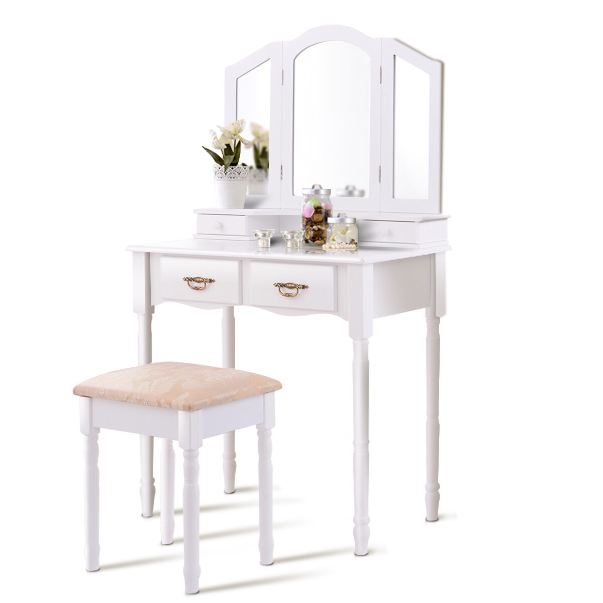 Gymax   Vanity Makeup Dressing Table Stool Set w/ Folding Mirror 4 Drawers White/Black