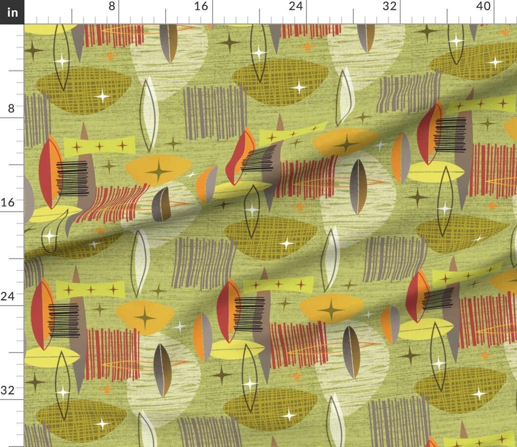 Various Fabrics by the Yard or Fat Quarter Mid Century Modern Graphic Green Vintage Retro Gold Atomic Custom Printed Fabric by Spoonflower