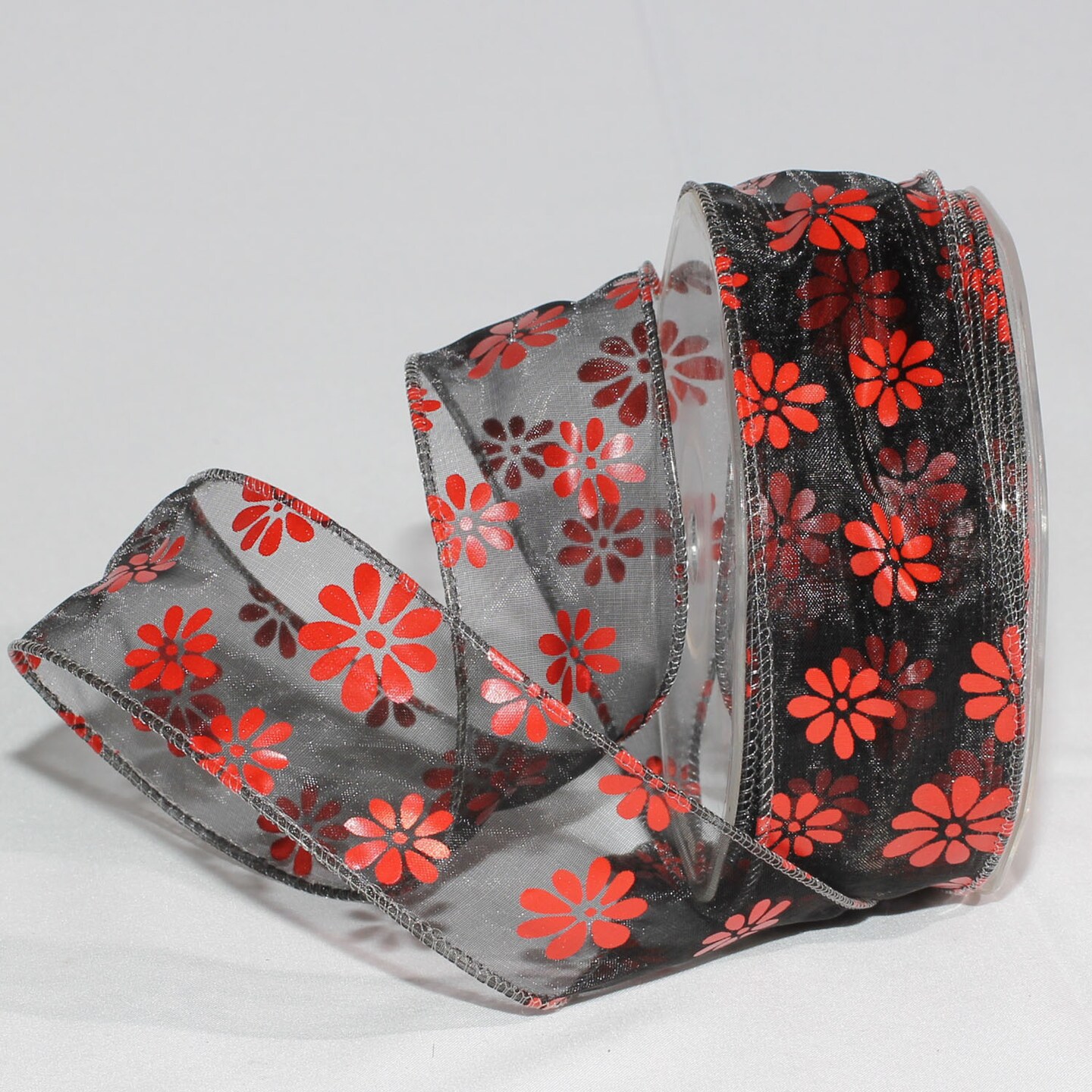 The Ribbon People Black and Red Retro Daisies Organza Wired Craft Ribbon 1.5&#x22; x 27 Yards