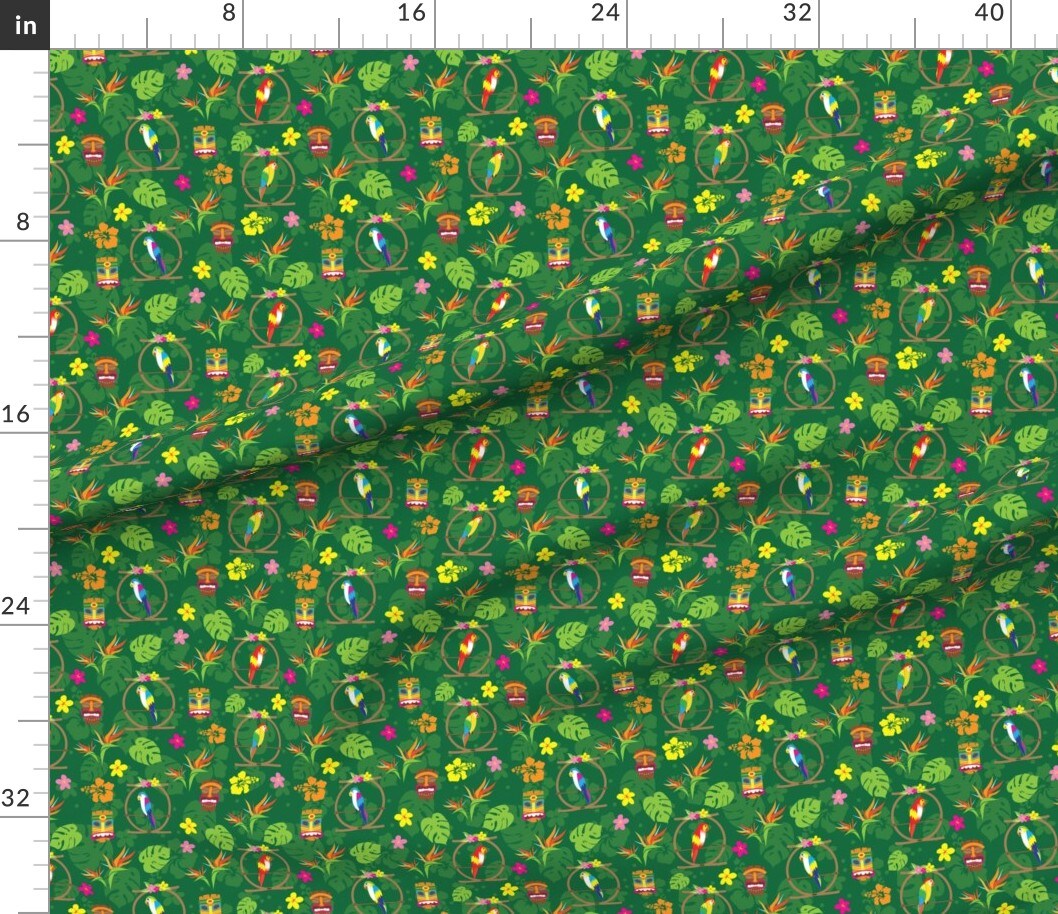 Tiki Green Floral Hibiscus Tropical Custom Printed Fabric by Spoonflower Various Fabrics by the Yard or Fat Quarter