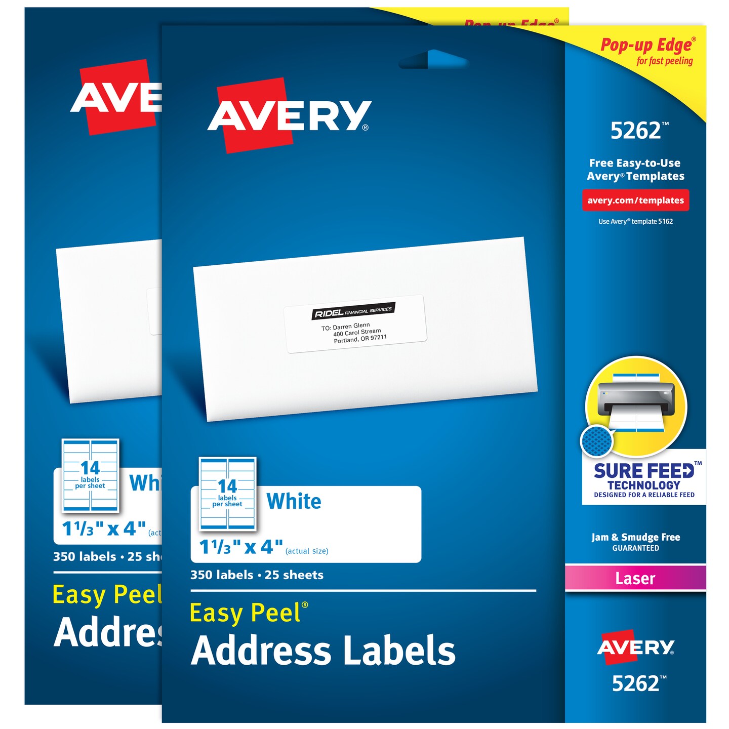 Avery Printable Easy Peel Address Labels, 1-1/3" x 4", Sure Feed, White, 2 Pack, 700 Labels Total (5642)
