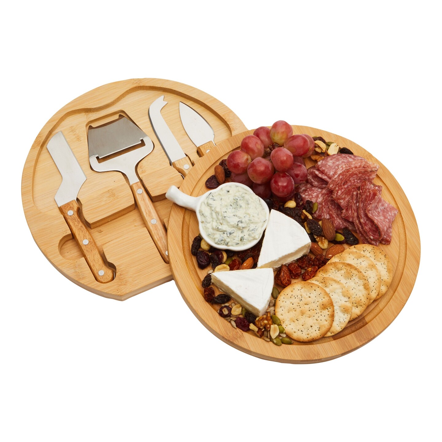 Cheese Cutting Board Set and 4-Piece Knife Tools for Charcuterie Meat, Swivel Bamboo Tray (10.2 x 1.5 In)