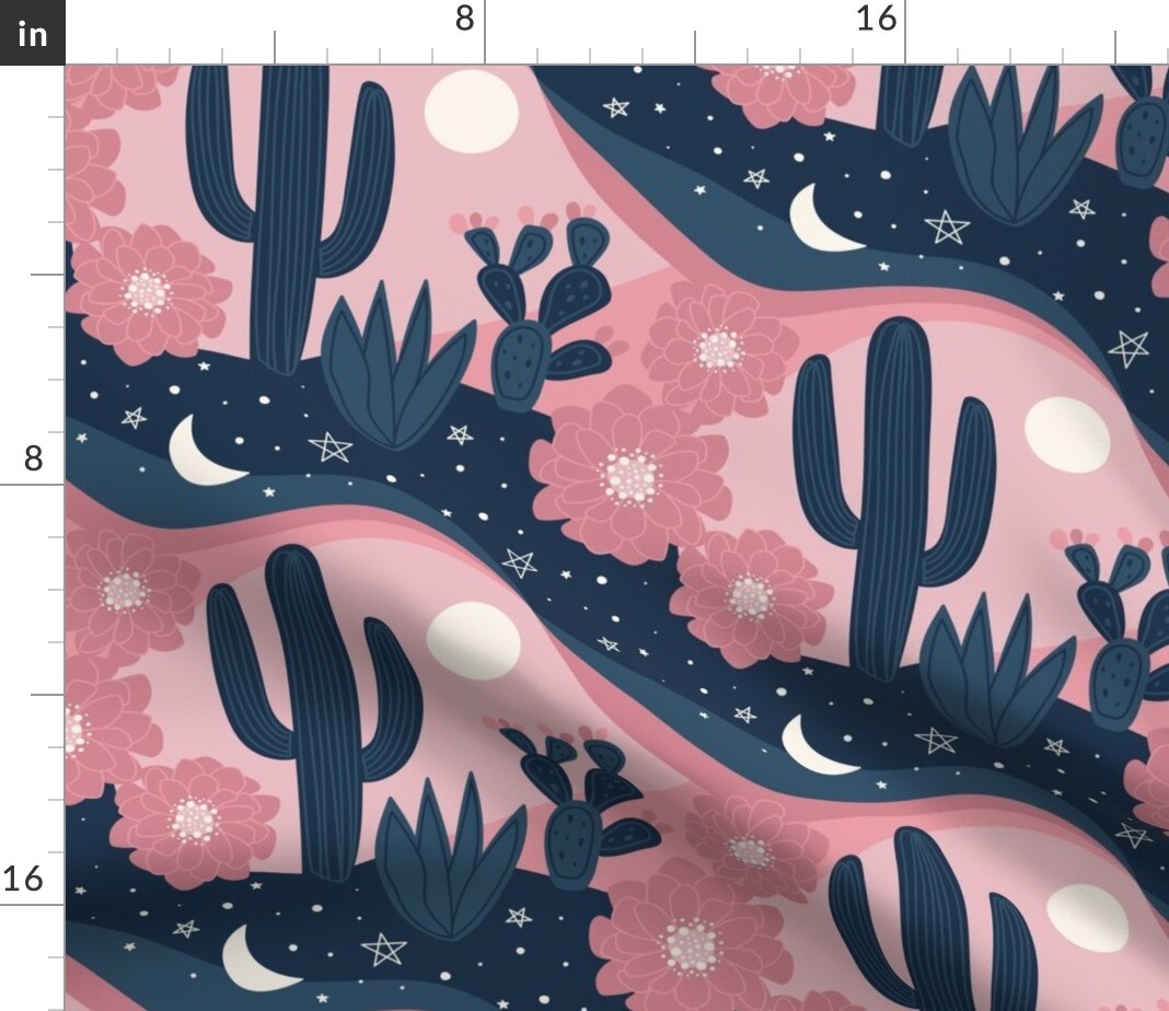 Cactus Pink Blue Desert Moon Southwestern Custom Printed Fabric by Spoonflower Various Fabrics by the Yard or Fat Quarter