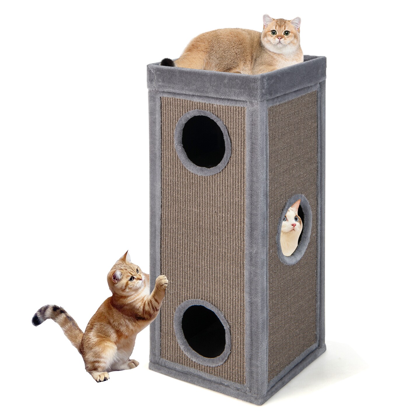 Costway 4-Story Cat House 39'' Cat Condo with Scratching Posts & 4 Soft Plush Cushions Gray/Natural