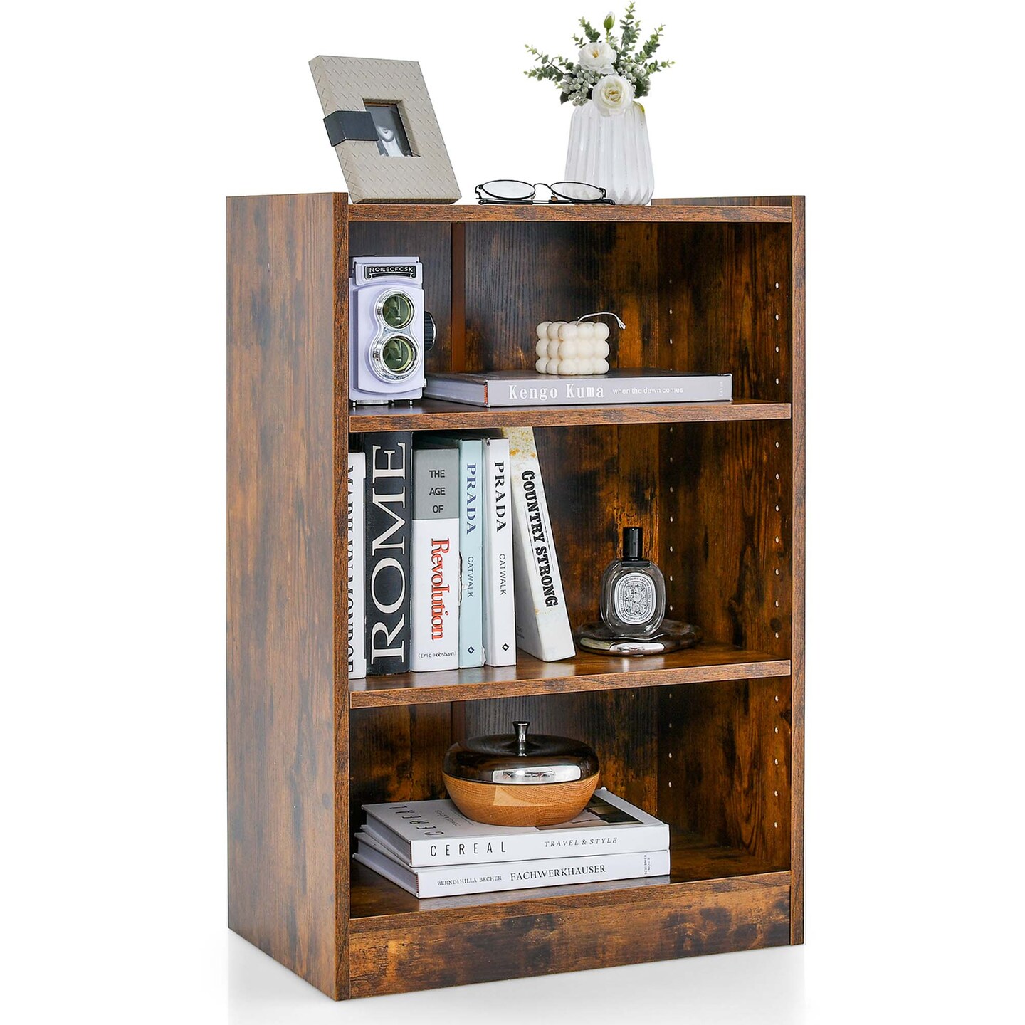 Costway 3-Tier Bookcase Open Multipurpose Display Rack Cabinet with Adjustable Shelves Black/Brown