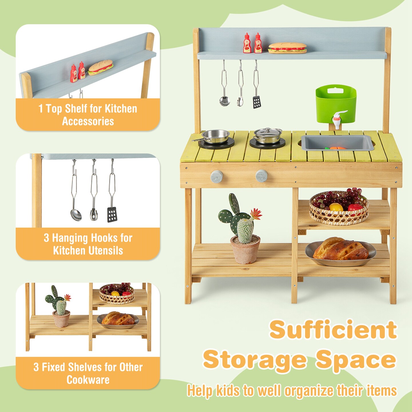 Costway Outdoor Mud Kitchen Set Fir Wood Kids Play Set with Removable Water Box