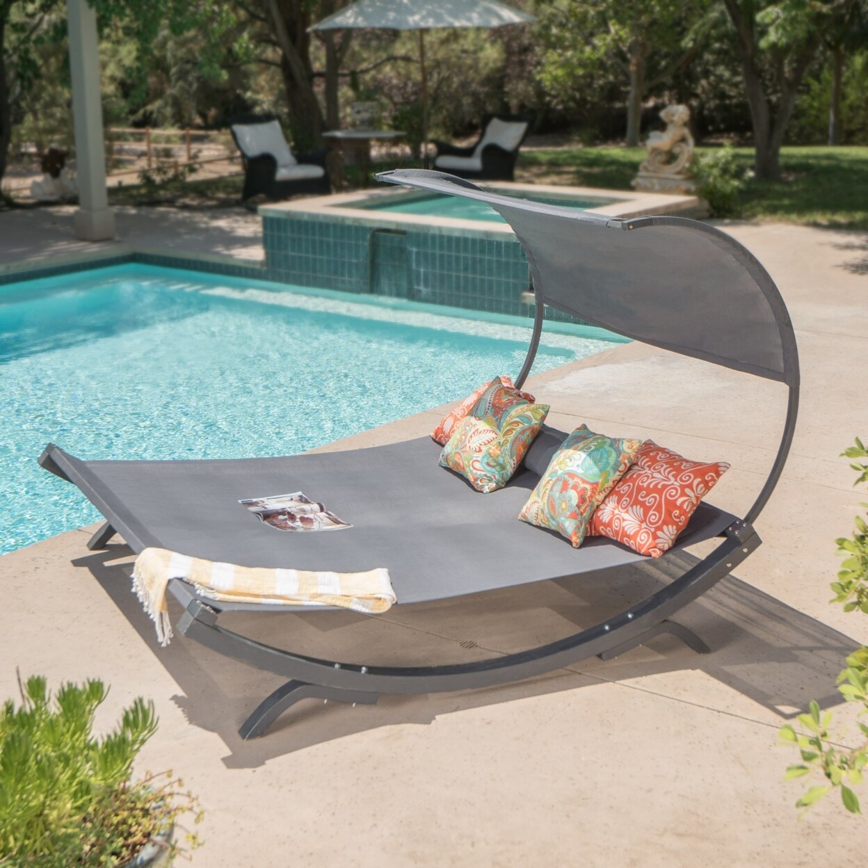 GDFStudio Merianna Gray Wood Sunbed with Gray Outdoor Mesh Canopy