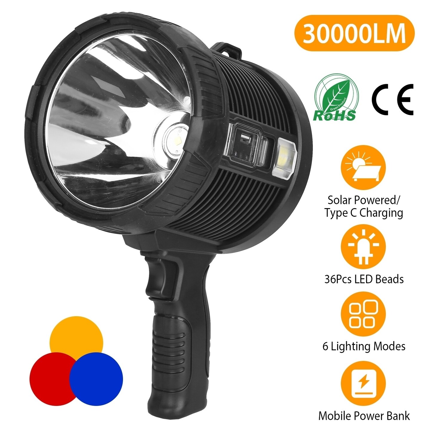 30000Lm Rechargeable Led Spotlight Ipx6 Waterproof With Color Filters 6 Modes