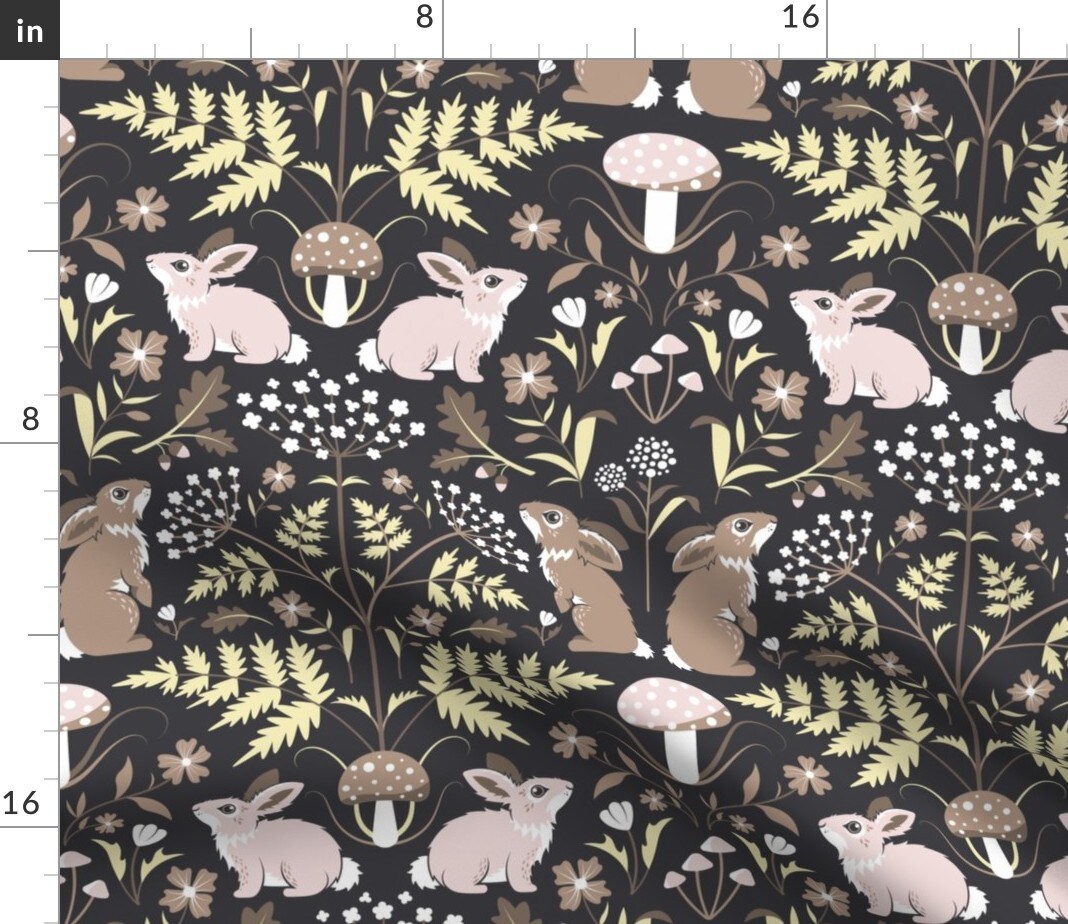 Brown Damask Modern Art Nouveau Nature Forest Rabbit Hare Mushroom Floral Botanical Woods Woodland Large Scale Custom Printed Fabric by Spoonflower Various Fabrics by the Yard or Fat Quarter