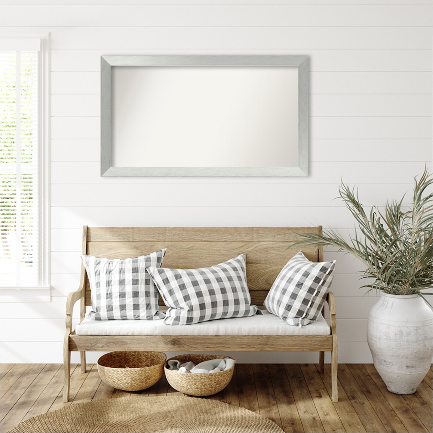 Brushed Sterling Silver Non-Beveled Custom Framed Bathroom Vanity Wall Mirror