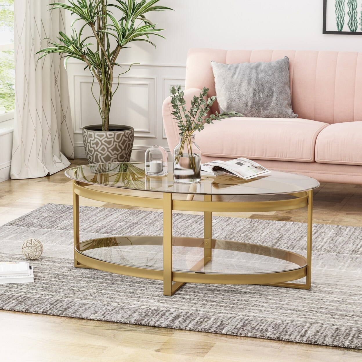 GDFStudio Bell Modern Glam Tempered Glass Oval Coffee Table with Iron Frame