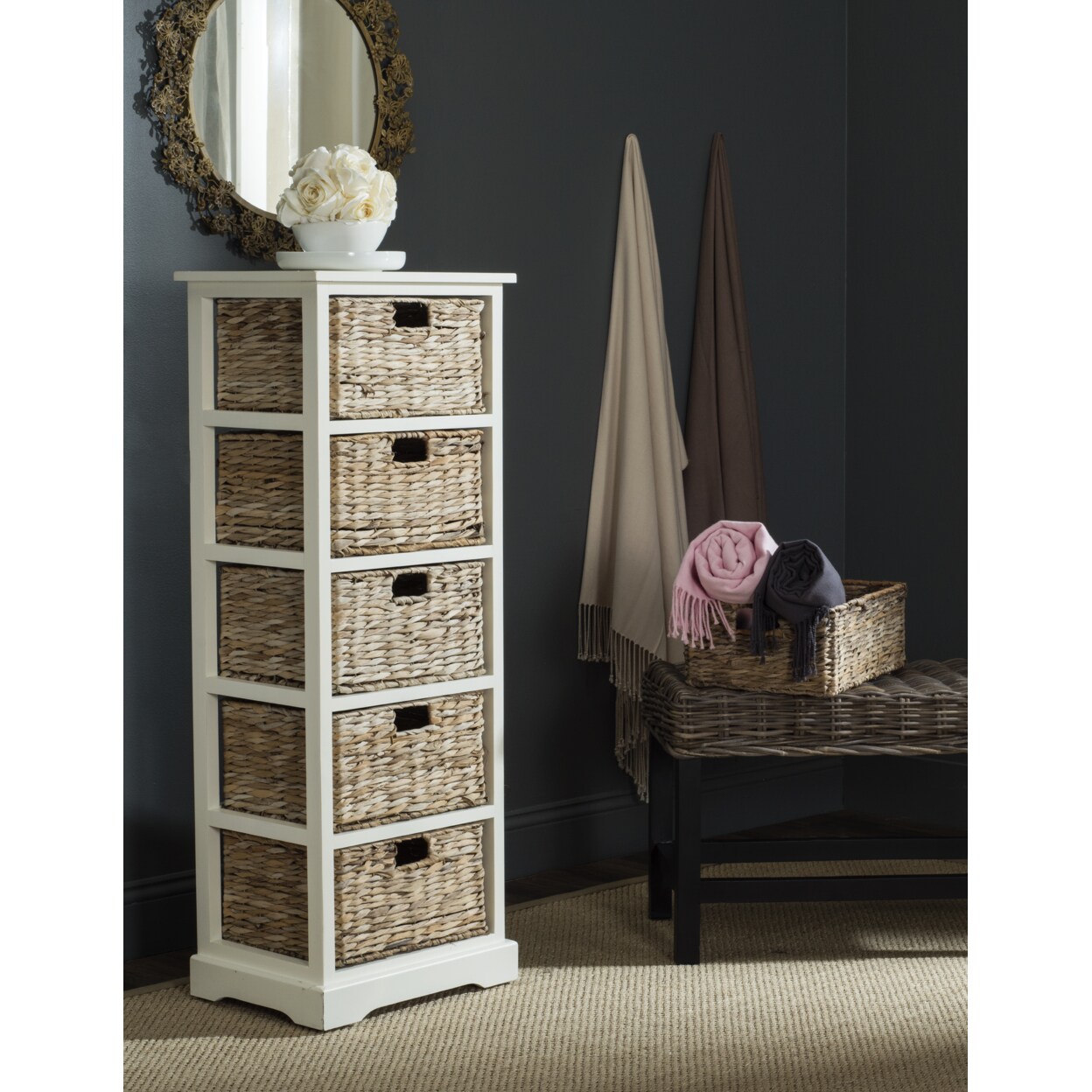 Safavieh   Vedette 5 Wicker Basket Storage Tower Vintage White