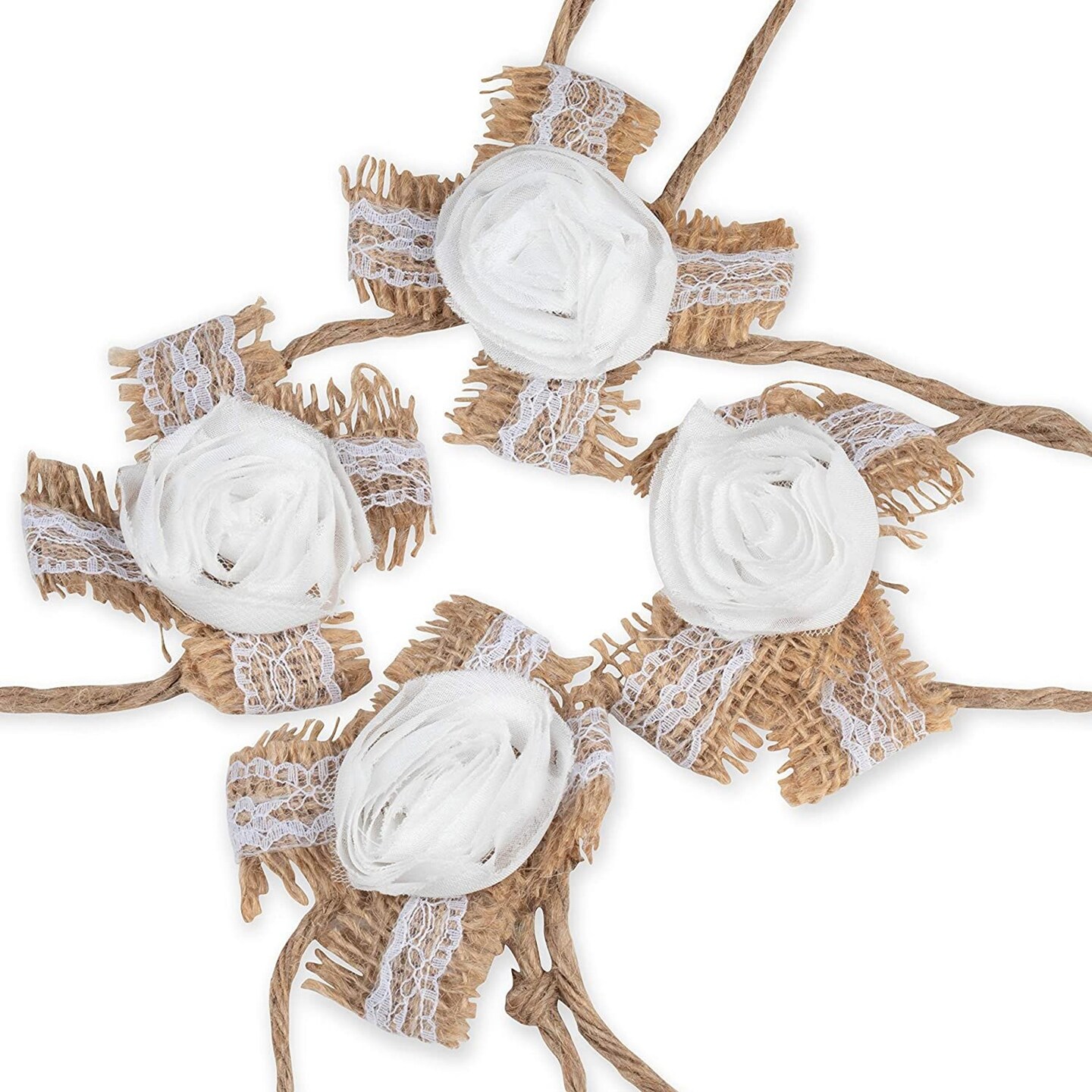 Genie Crafts 4-Count Burlap Fabric Flower Wrist Corsage for Wedding, Bridesmaids, Prom, Homecoming, and DIY Crafts, 3.75 Inches