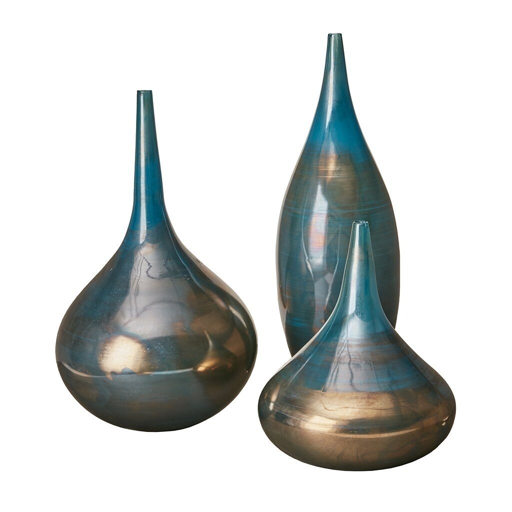 Madison Park Aurora Handmade Rainbow Glass Vase- Set of 3 Blue Metal See below