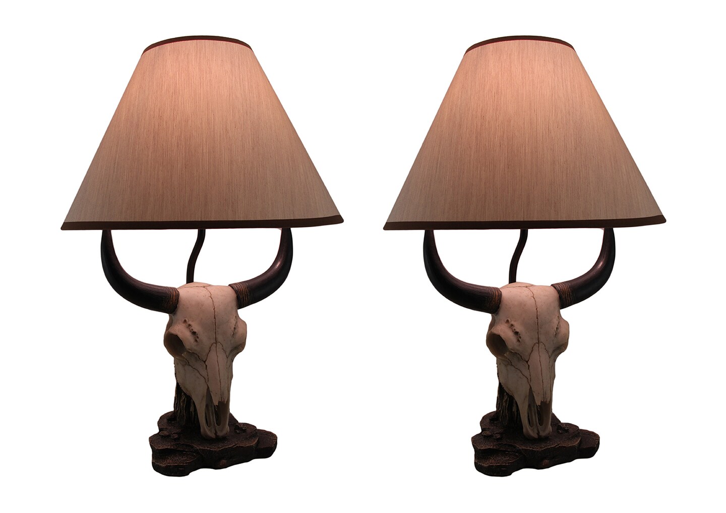 Set of 2 Cattle Ranch Bovine Cow Skull Decorative Table Lamps with Fabric Shades