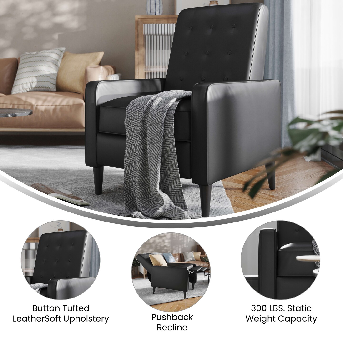 Merrick Lane Darcy Recliner Chair Mid-Century Modern Faux Leather Tufted Upholstery Ergonomic Push Back Living Room Recliner
