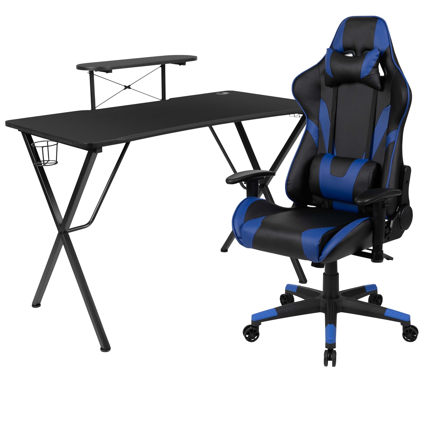 Emma and Oliver Gaming Desk &#x26; Chair Set - Cup Holder, Headphone Hook, and Monitor Stand