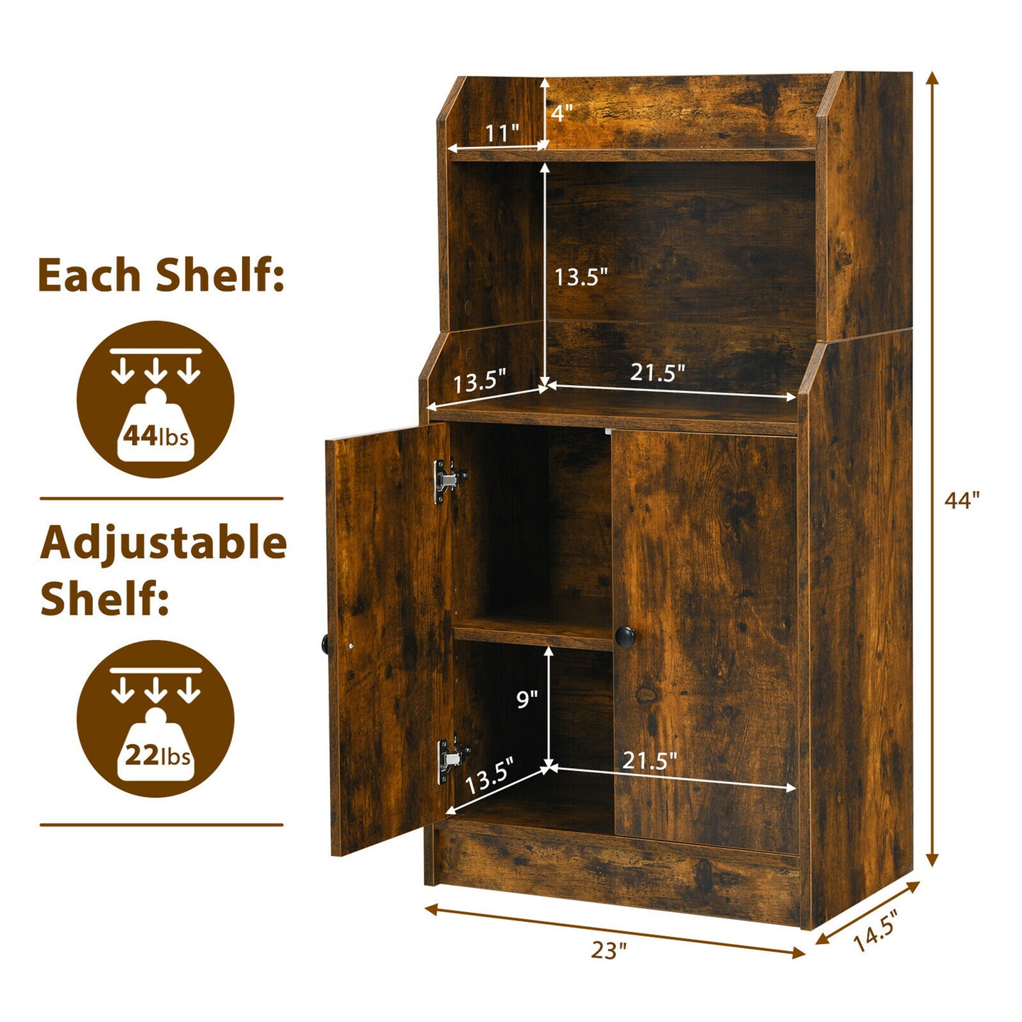 Costway Storage Cabinet Bookcase w/2 Doors and Open Shelves Display Shelf Rustic Brown
