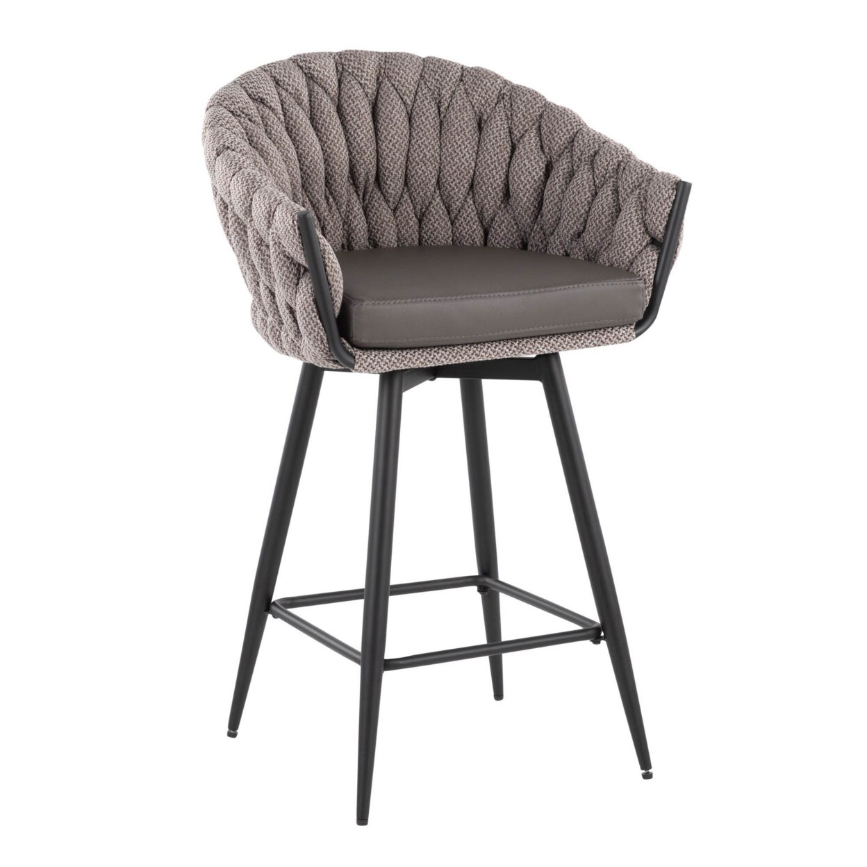 Lumisource Braided Matisse Contemporary Counter Stool In Black Metal With Grey Faux Leather And Grey Fabric