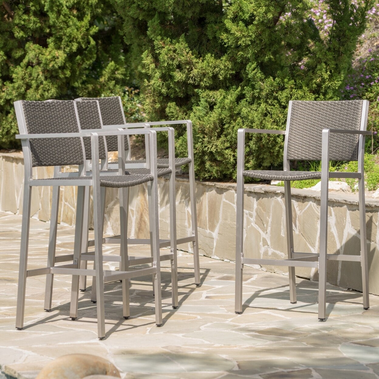 GDFStudio Capral 30-Inch Outdoor Grey Wicker Barstools (Set of 4)