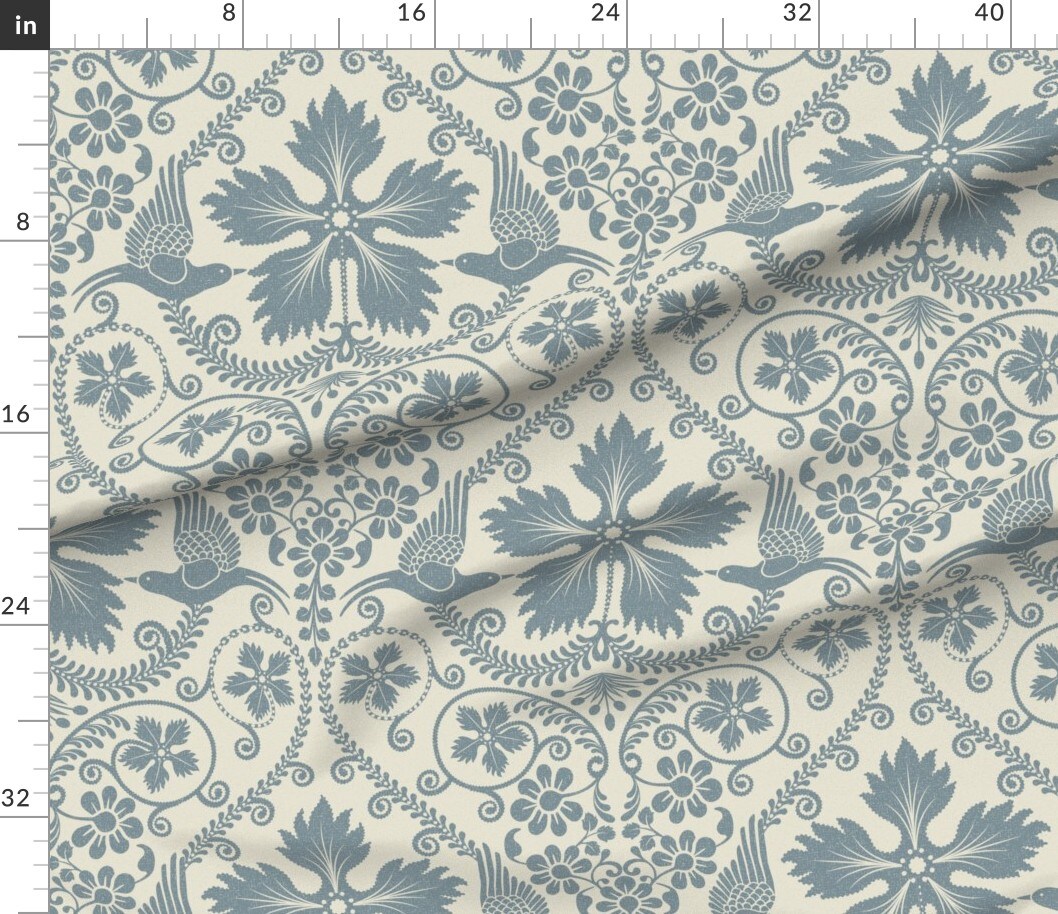 Bird Blue Flowers Botanical Floral Damask Italian Villa Large Scale Custom Printed Fabric by Spoonflower Various Fabrics by the Yard or Fat Quarter