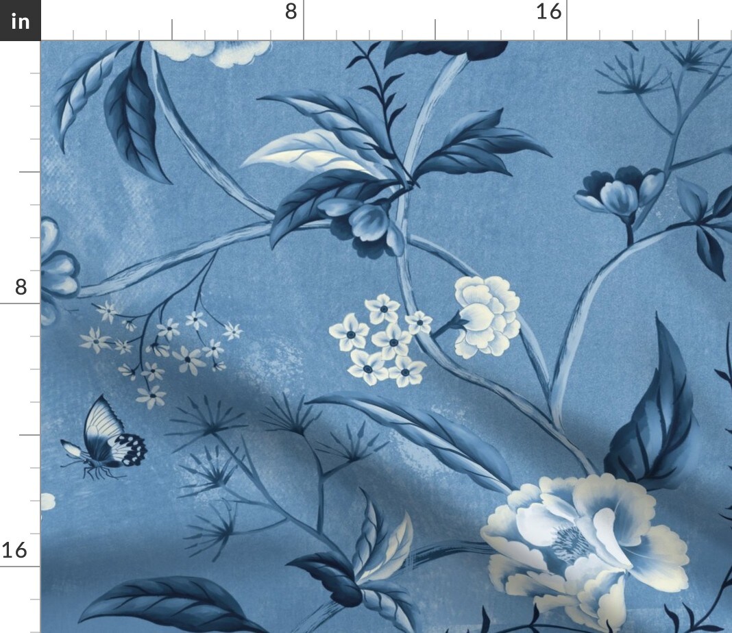 Victorian Floral Blue And White Chinoiserie New Romanticism Large Scale Custom Printed Fabric by Spoonflower Various Fabrics by the Yard or Fat Quarter
