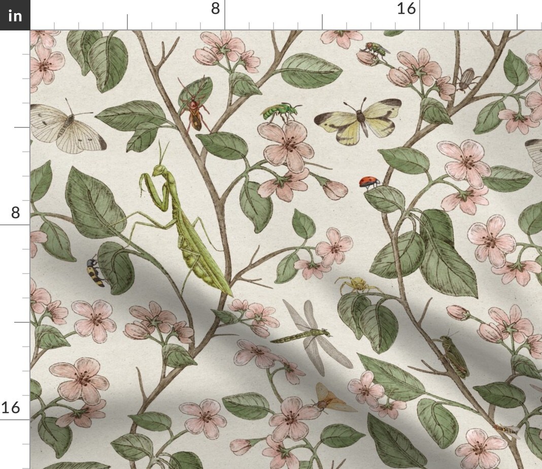 Vintage Insects Garden Traditional Classic Bugs Butterfly Praying Mantis Custom Printed Fabric by Spoonflower Various Fabrics by the Yard or Fat Quarter