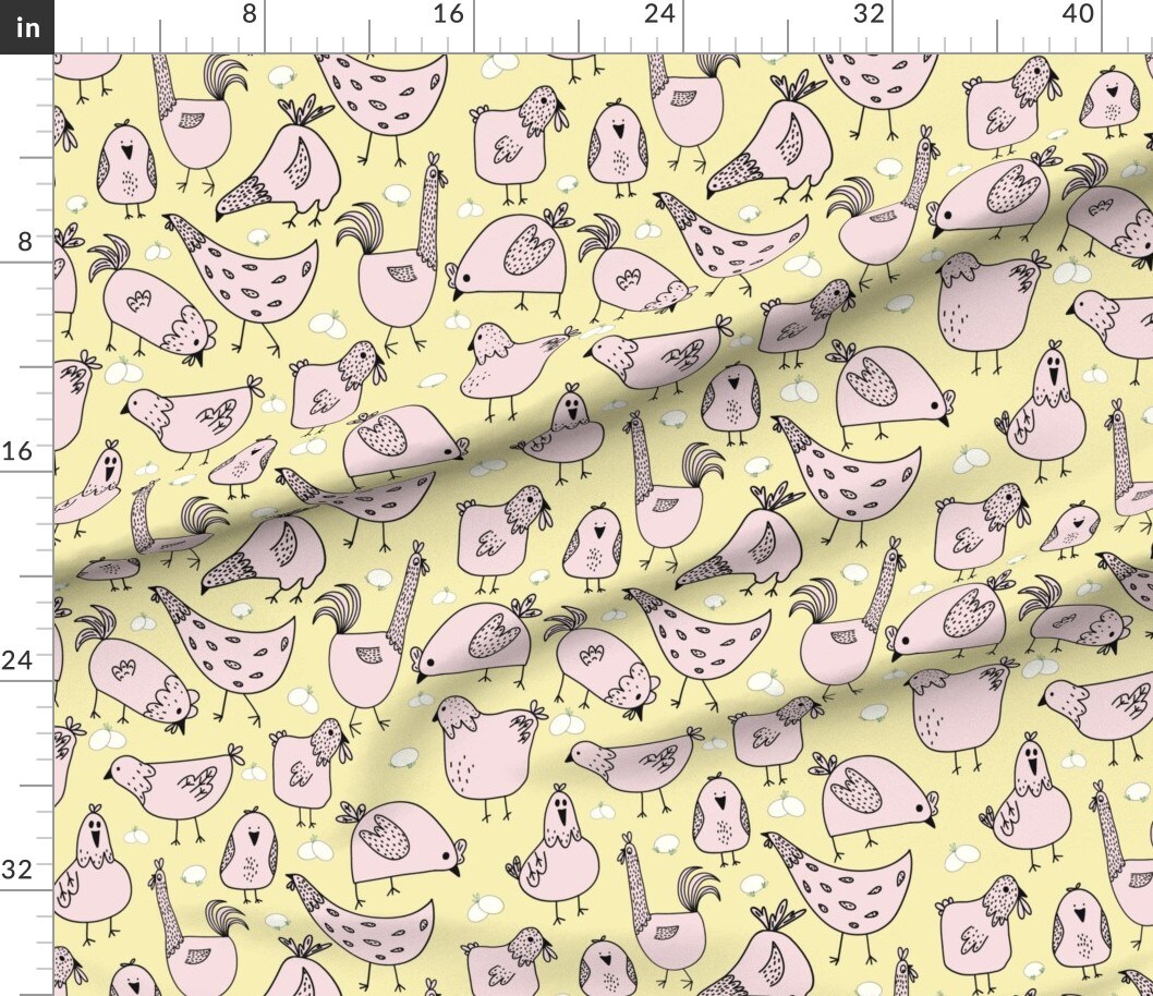 Various Fabrics by the Yard or Fat Quarter Hand Drawn Chickens Pink Yellow Eggs Whimsical Cartoon Custom Printed Fabric by Spoonflower
