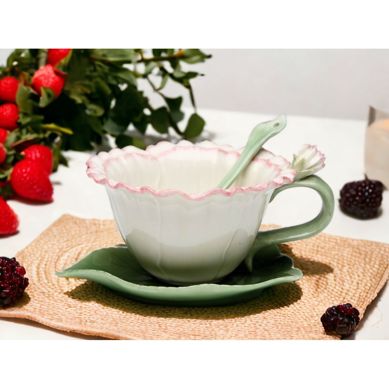 kevinsgiftshoppe Ceramic Carnation Flower Cup and Saucer and Spoon-1 Set   Tea Party Decor Cafe Decor