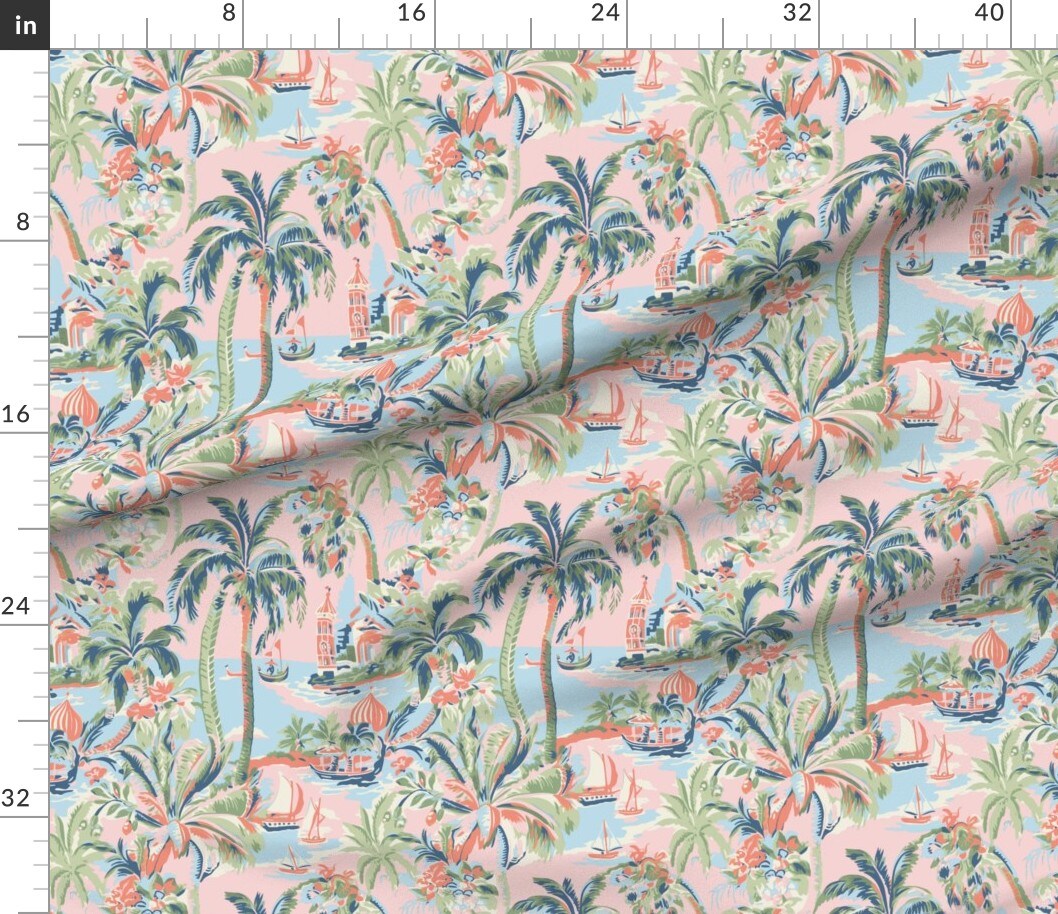 Grandmillennial Whimsical Tropical Toile Palm Tree Coastal Maximalist Boats Seaside Custom Printed Fabric by Spoonflower Various Fabrics by the Yard or Fat Quarter