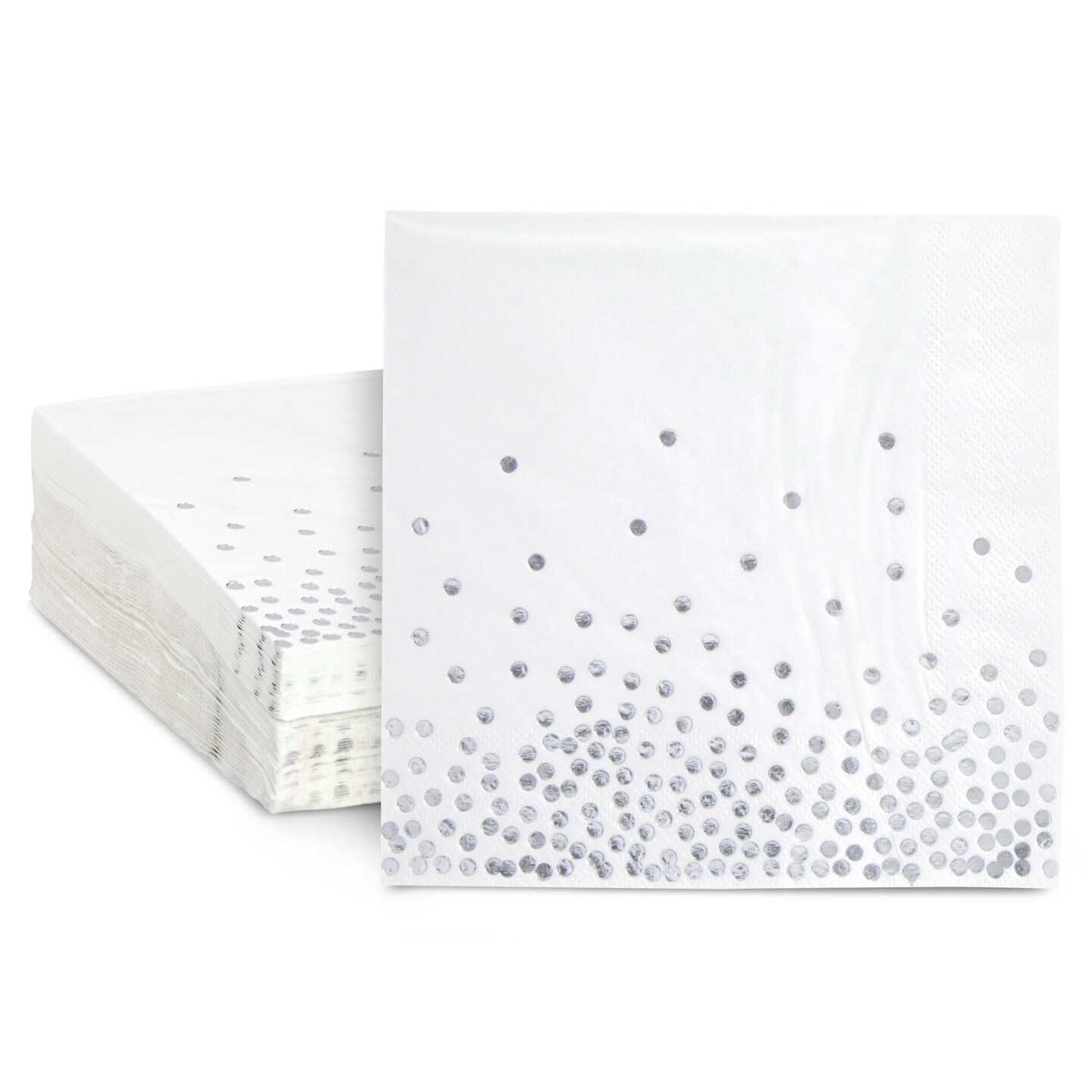 50 Pack White and Silver Paper Napkins for Wedding Reception, Foil Polka Dots for Birthday Party Decorations and Holiday Parties (3-Ply, 6.5 x 6.5 In)