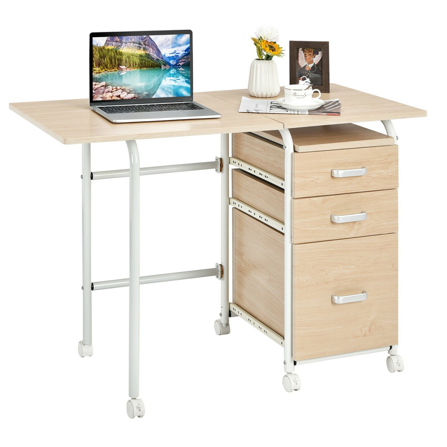 Costway Folding Computer Laptop Desk Wheeled Home Office Furniture w/3 Drawers Brown/Natural