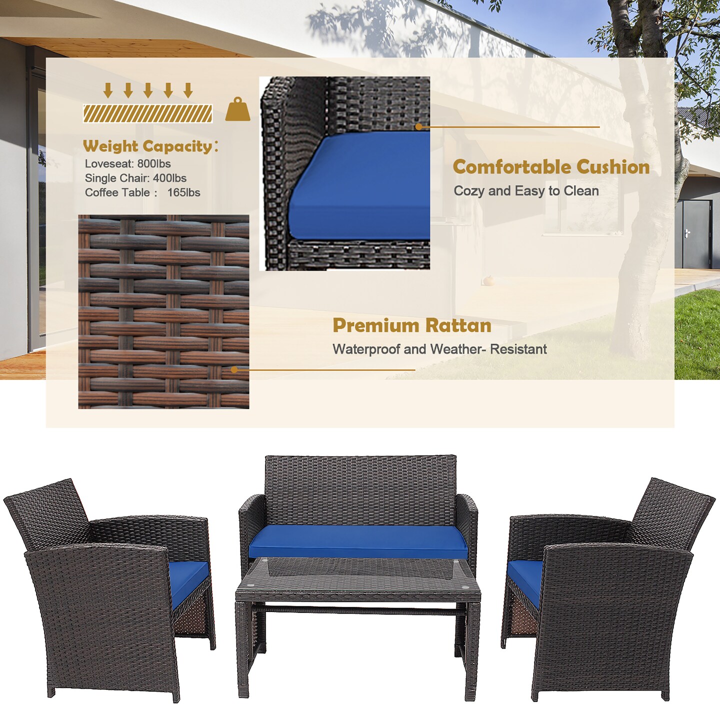 Costway 8PCS Patio Rattan Furniture Set Cushioned Chair Sofa Coffee Table White\Navy\Turquoise\Red