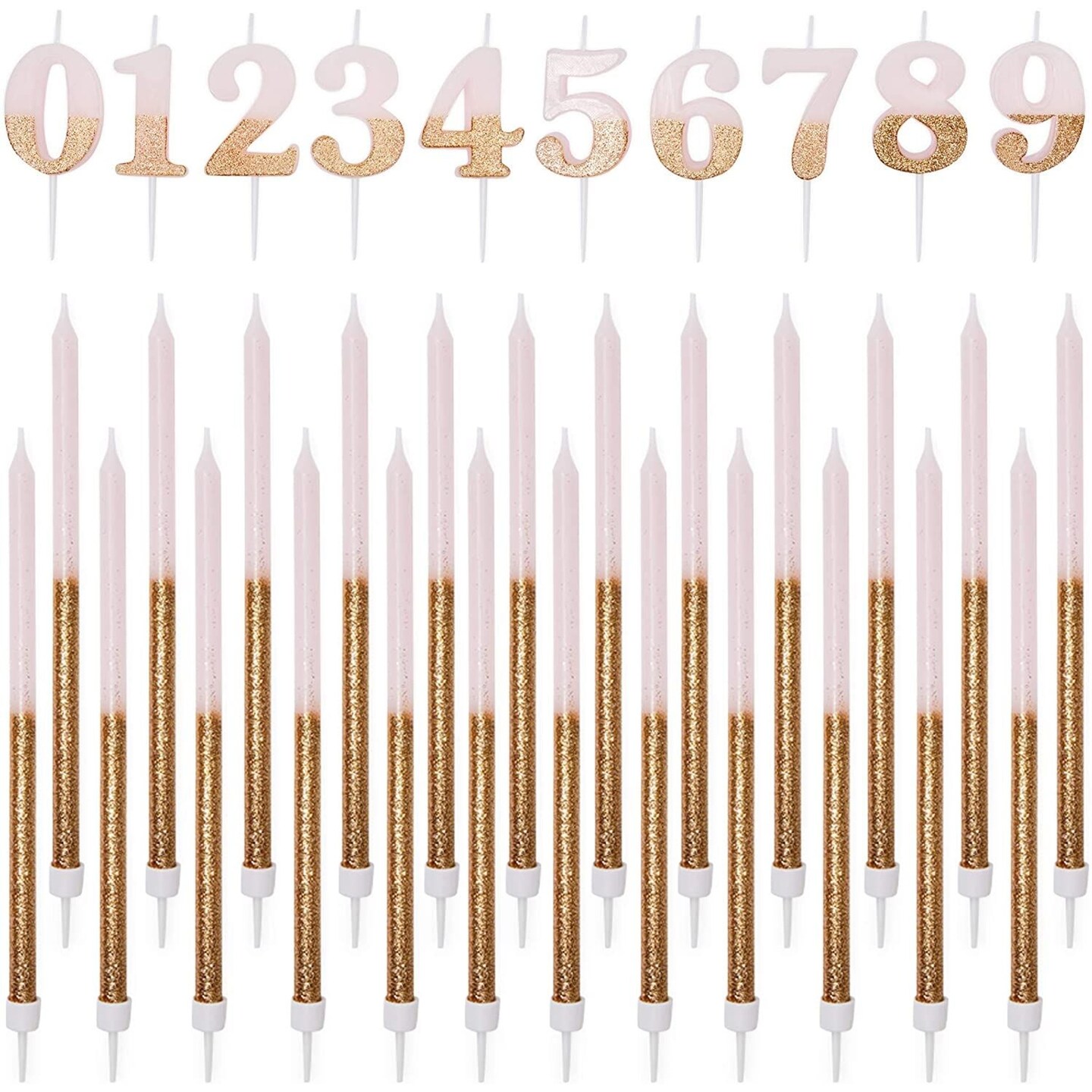 Numbers 0-9 Cake Toppers and Thin Candles in Holders (Gold Glitter, 34 Pieces)