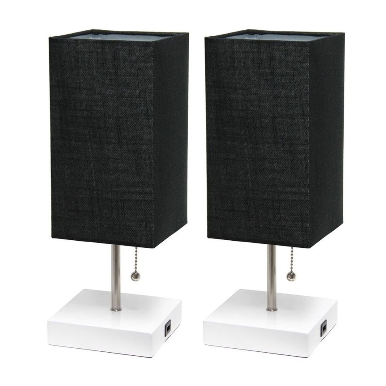 Simple Designs   Petite White Stick Lamp with USB Charging Port and Fabric Shade 2 Pack Set - Black