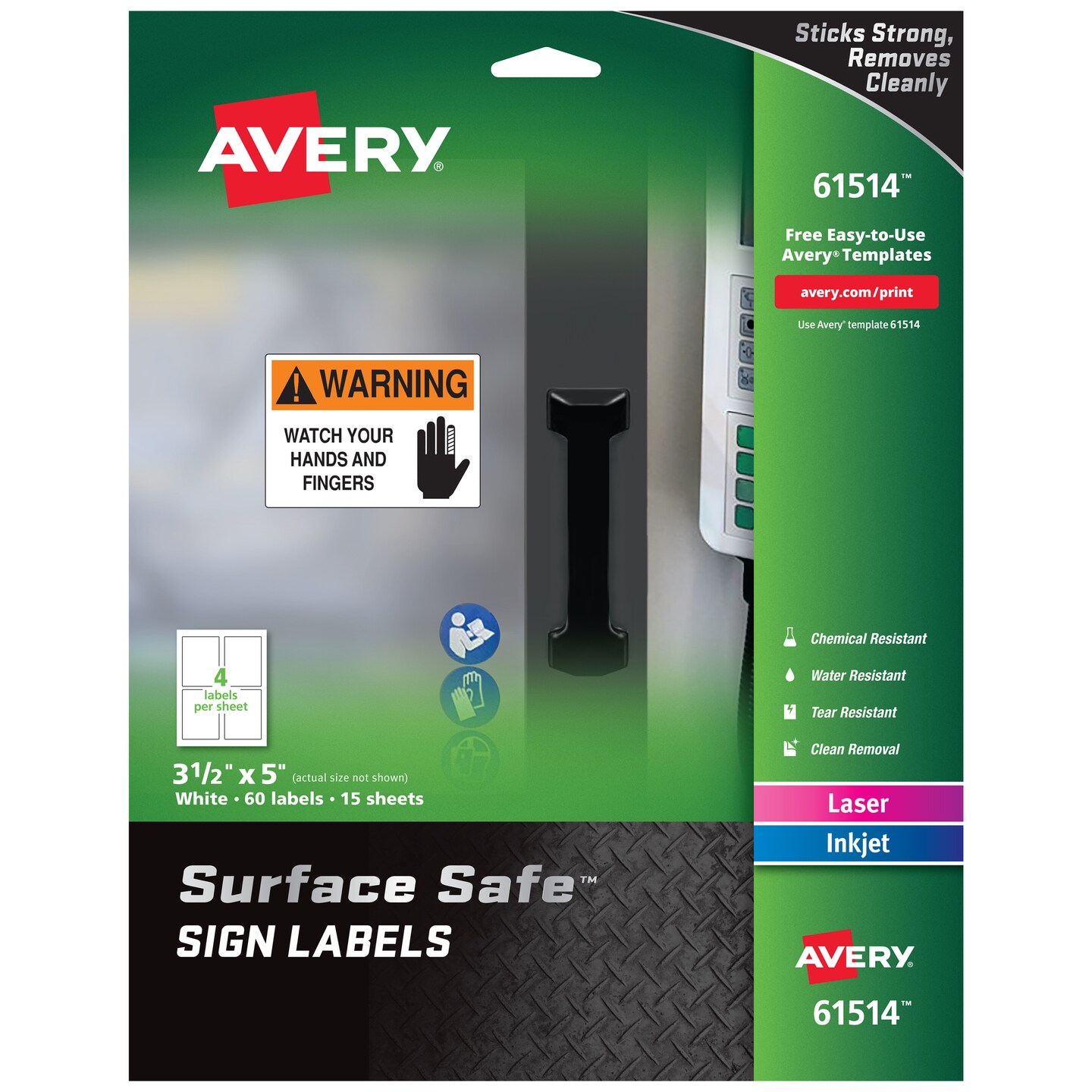 Avery Removable Label Safety Signs, 3-1/2" x 5", Printable, Water/Chemical Resistant, 60 Labels (61514)