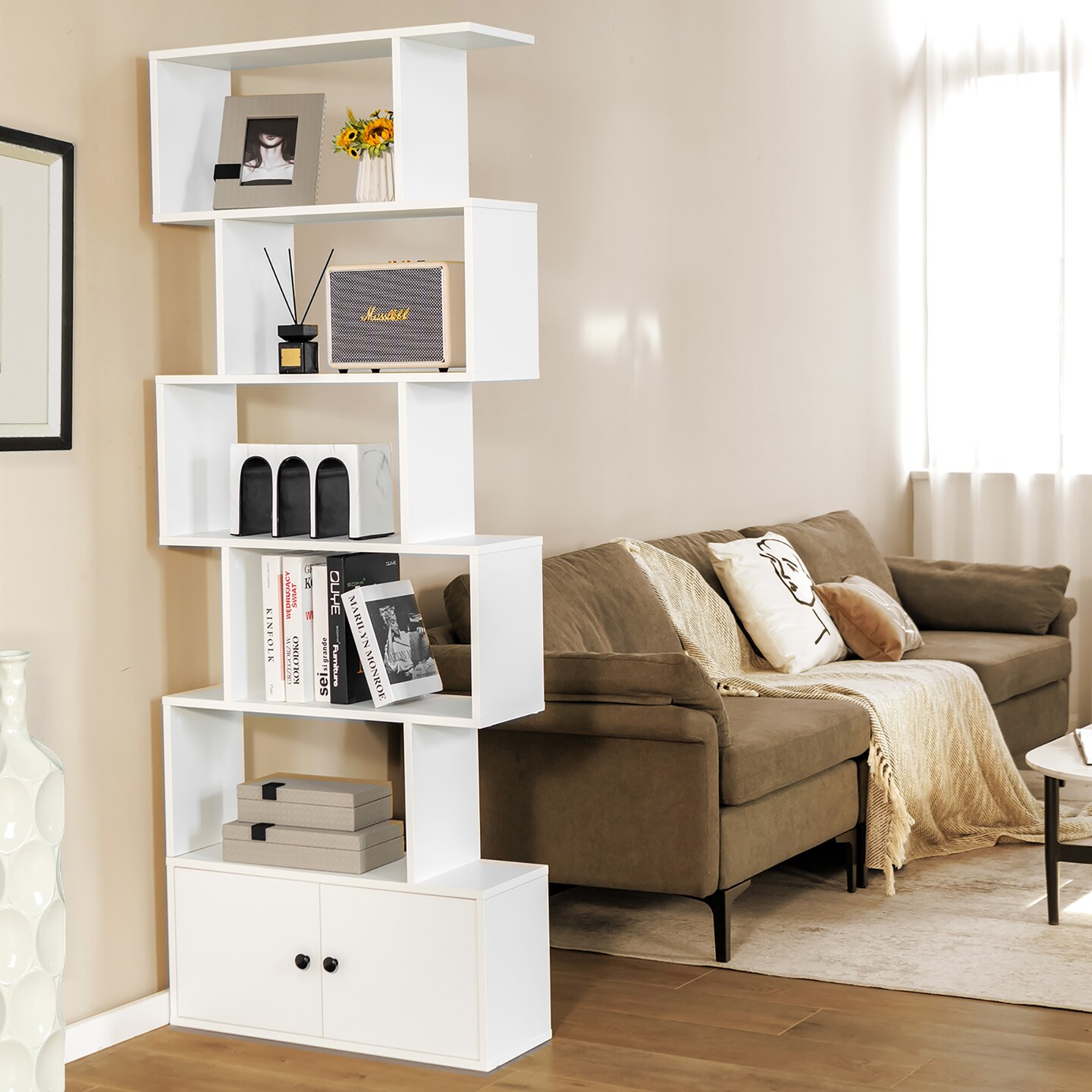Costway Bookshelf with Cabinet 6-Tier S-Shaped Bookcase Storage Rack Rustic Brown/White/Black