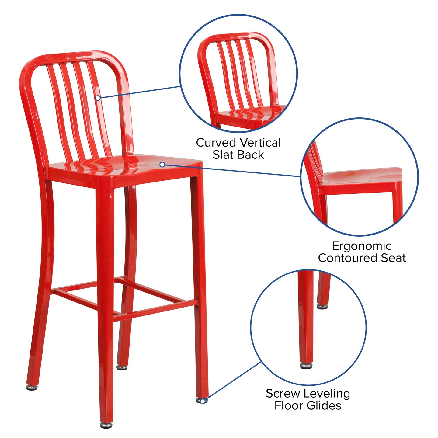 Merrick Lane Santorini 30 Inch Galvanized Steel Indoor/Outdoor Counter Bar Stool With Slatted Back And Powder Coated Finish