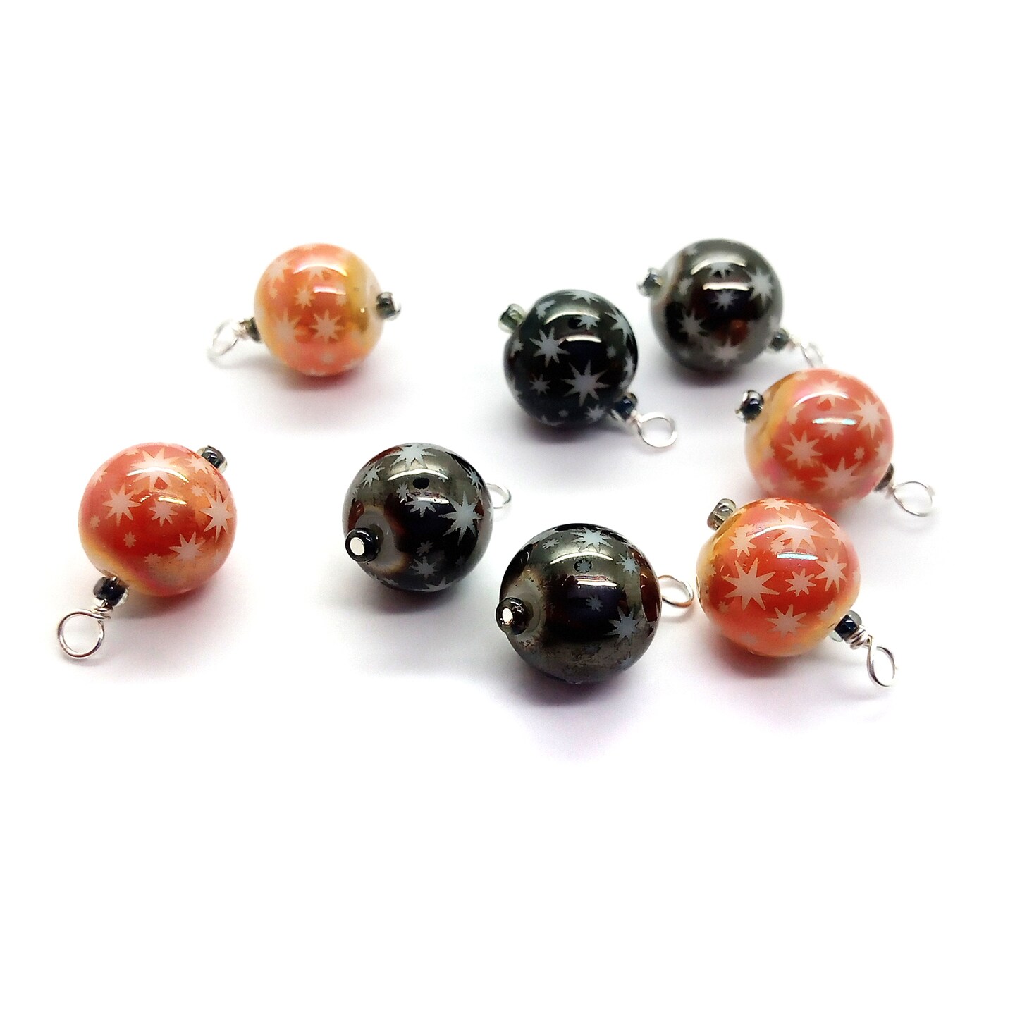 Halloween Bead Charms, 8 pieces, Orange & Black 10mm Glass Bead Dangles, Adorabilities