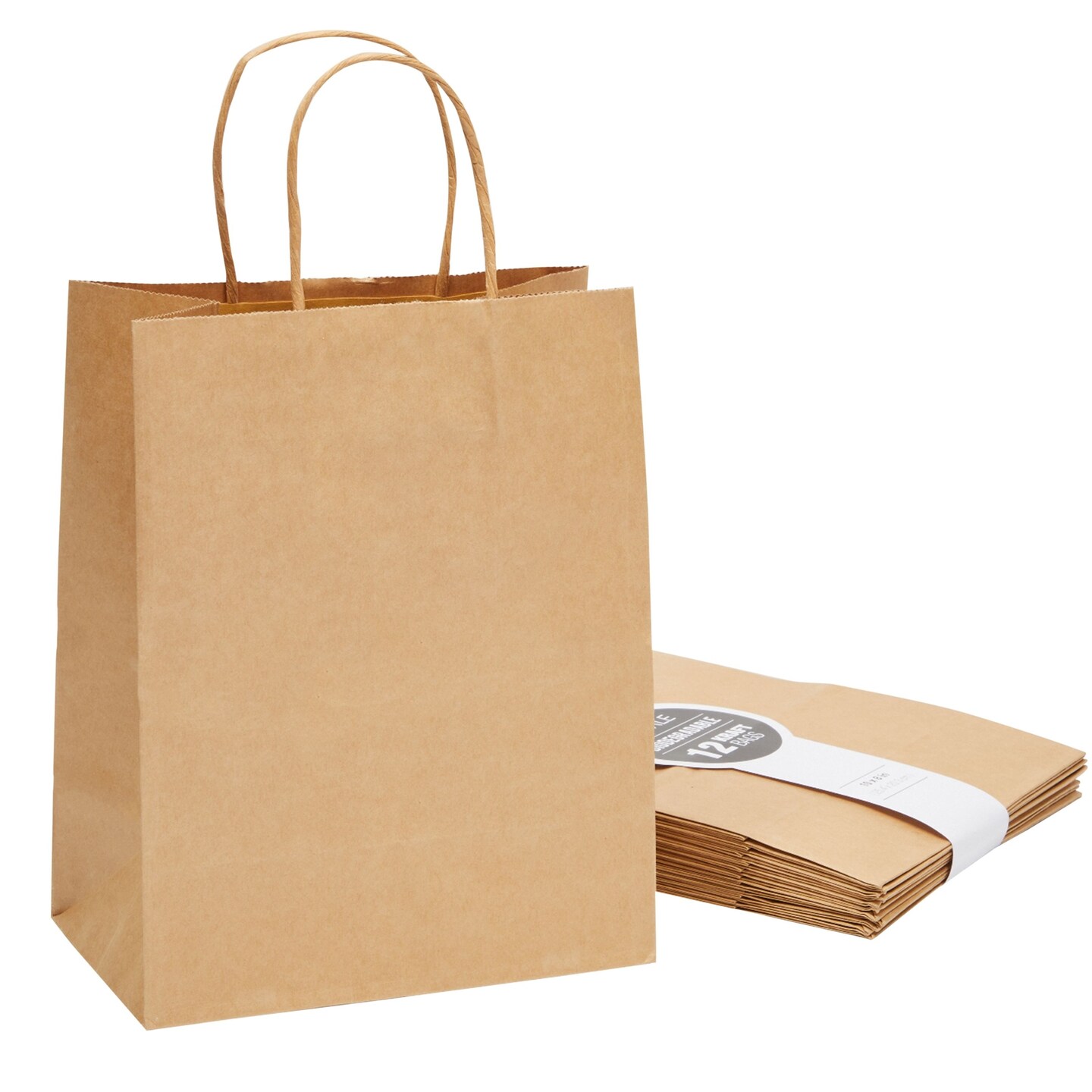 12 Pack Medium Paper Bags with Handles, Bulk Brown Bags for Party Favors, Goodies (8 x 4.75 x 10