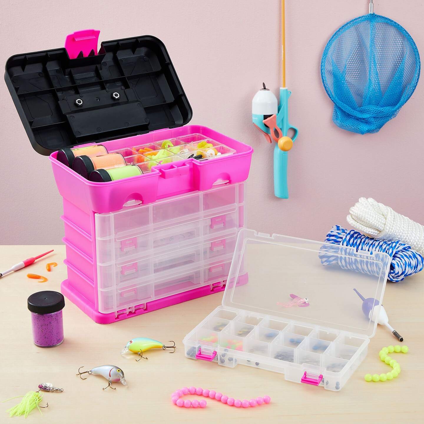 Pink Tackle Box for Women, 4 Drawer, 13 Compartment Tool Storage Organizer for Crafts, Dolls, Nail Kits, Sewing (10 x 10 Inches)