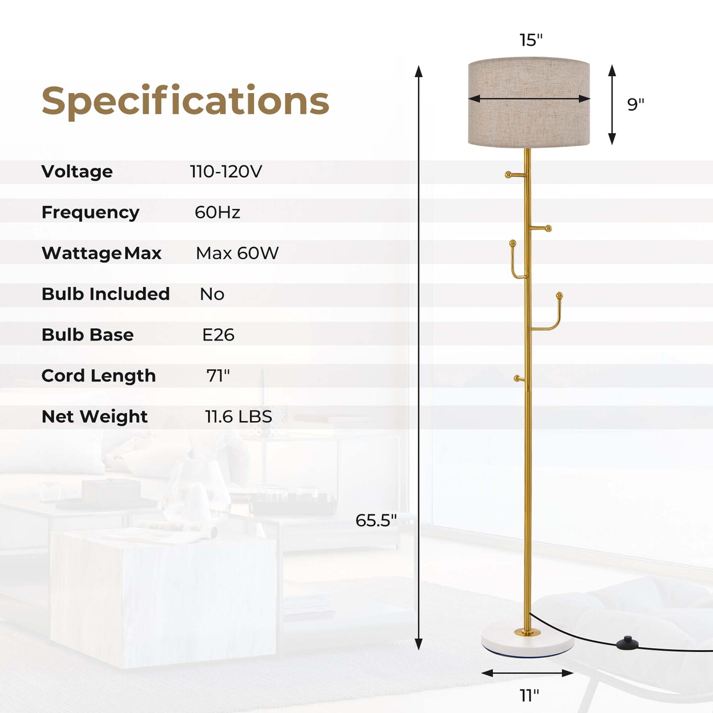 Costway Floor Lamp with Coat Rack 5 Hooks Foot Switch Weighted Base Bedroom Living Room