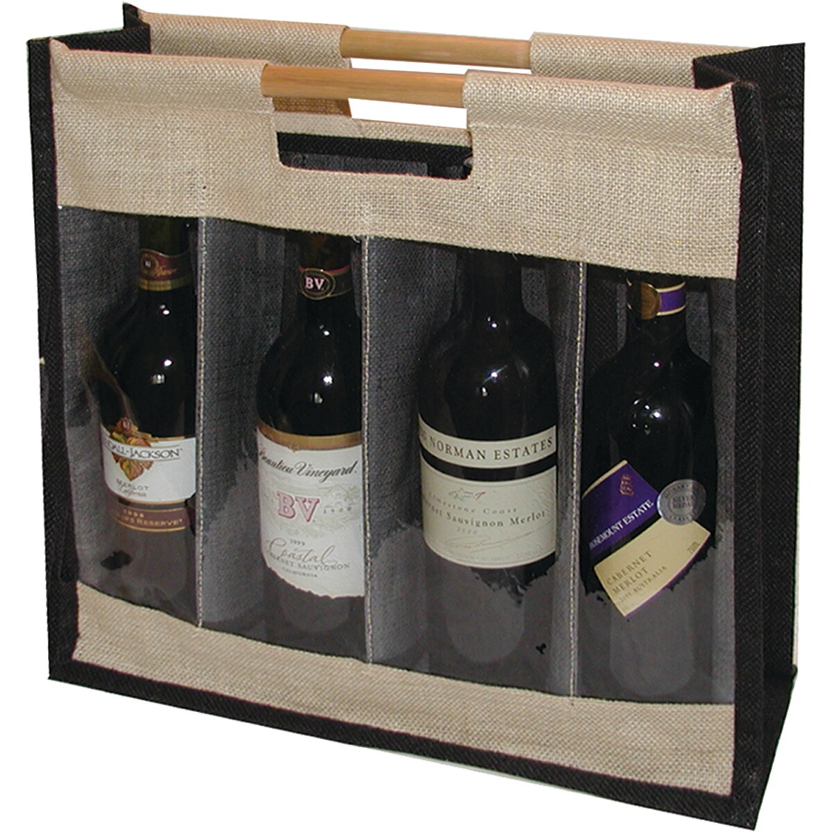 GC Home &#x26; Garden 14.75&#x22; Beige and Black Four Bottles Wine Bag with Bamboo Handle