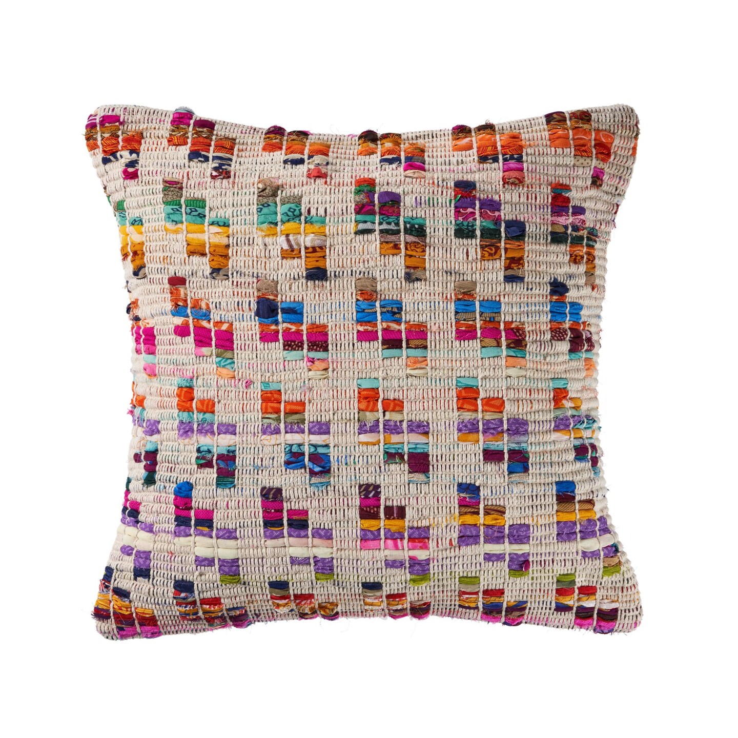 Laddha Home Designs 20" Beige and Pink Eclectic Chindi Square Throw Pillow