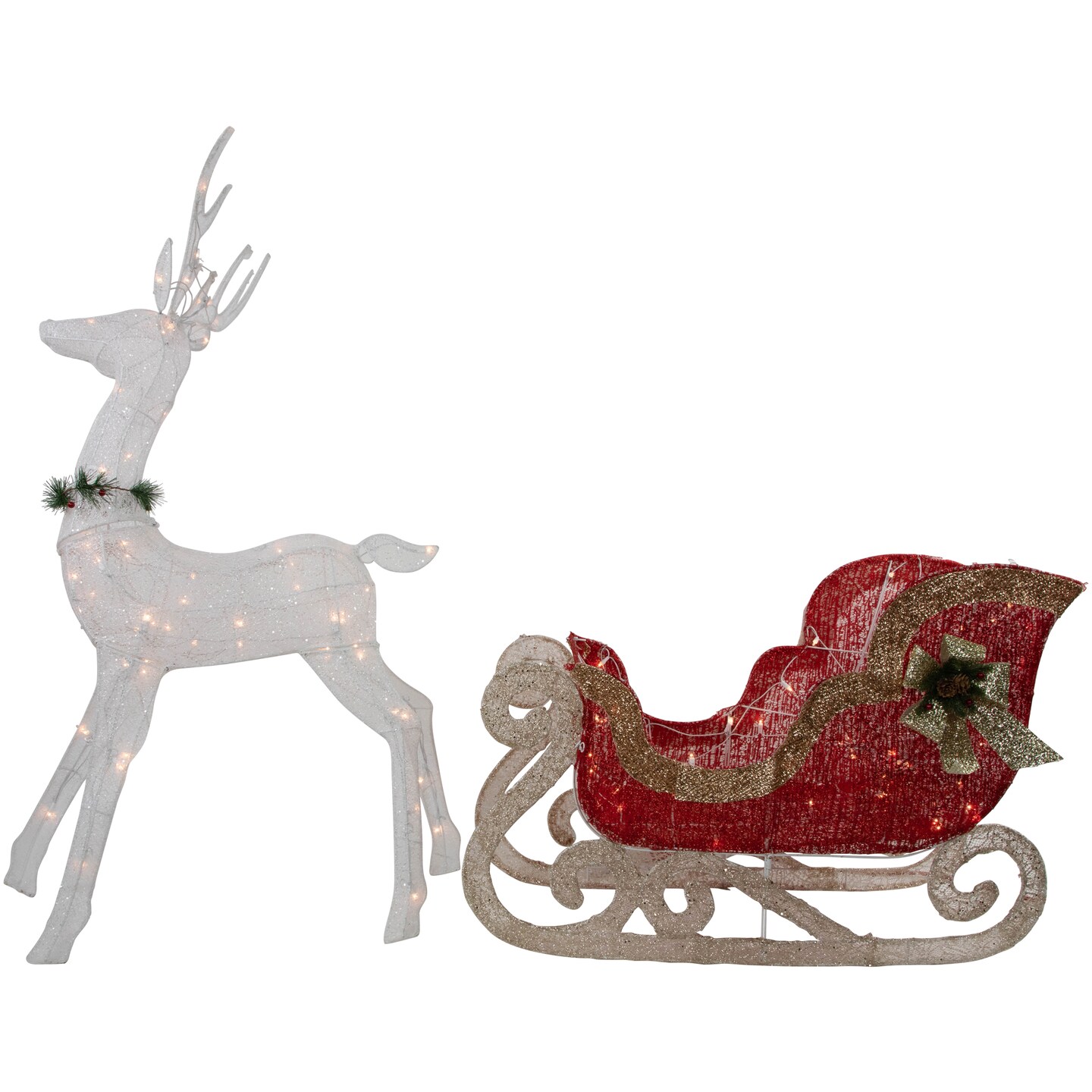 Northlight 51&#x22; Lighted White Reindeer with Sleigh Christmas Decoration