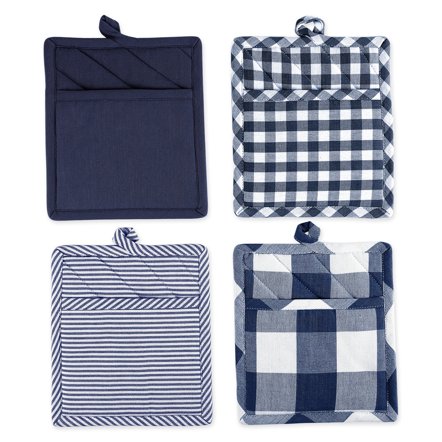 Contemporary Home Living Checkered and Striped Potholders - 9&#x22; - Navy Blue and White - Set of 4