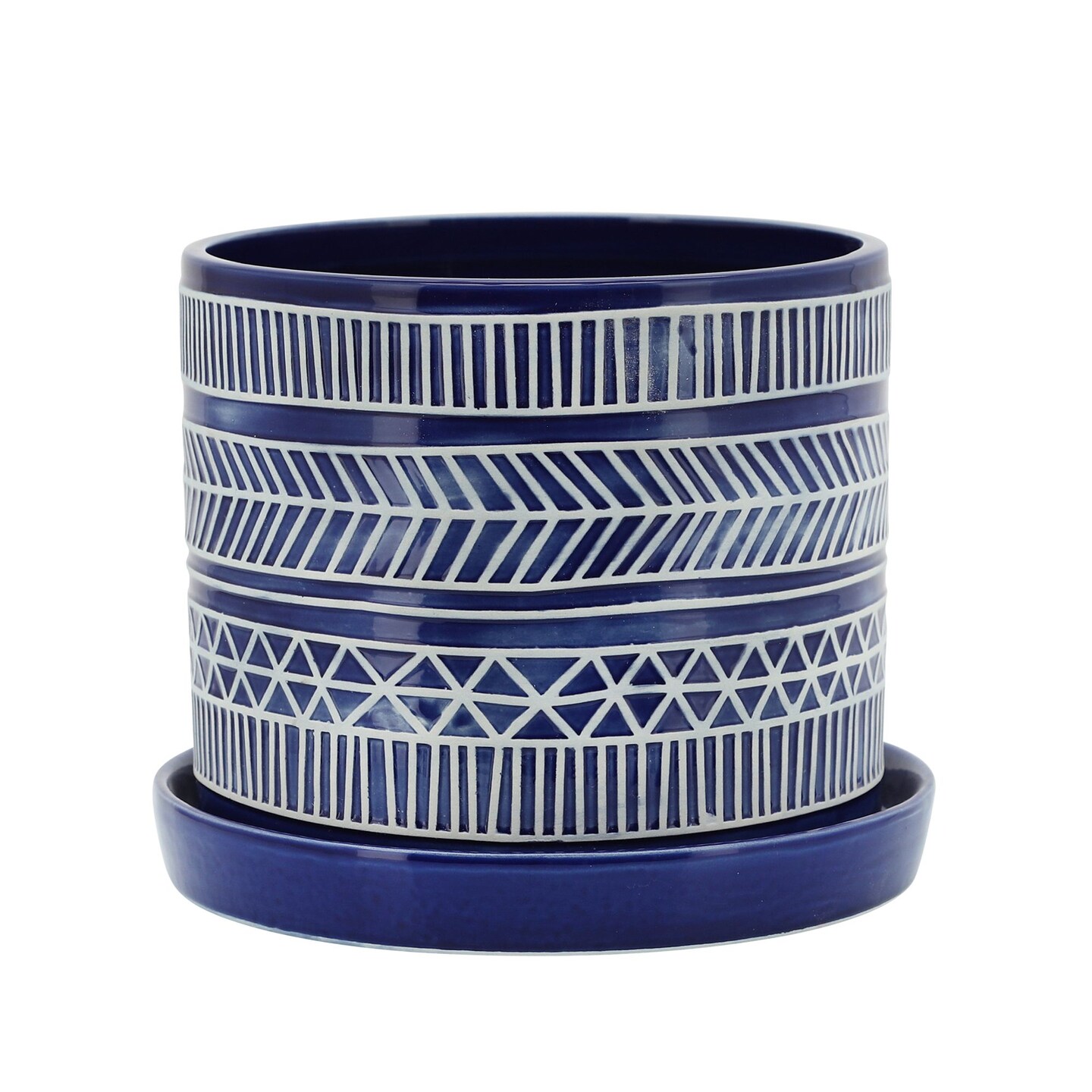 Kingston Living Set of 2 Blue Ceramic Tribal Planters with Saucer 8&#x22;