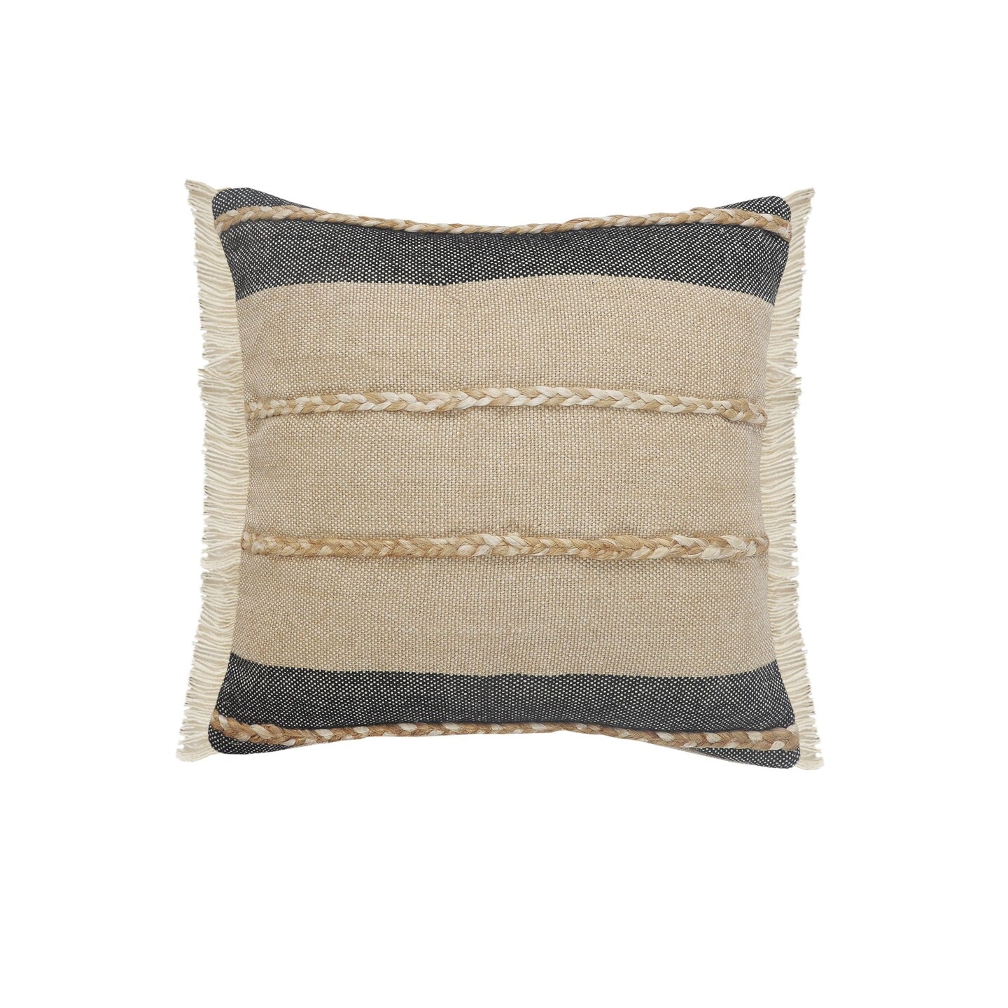 Laddha Home Designs 20&#x22; Black and Taupe Striped Square Throw Pillow with Jute Braiding