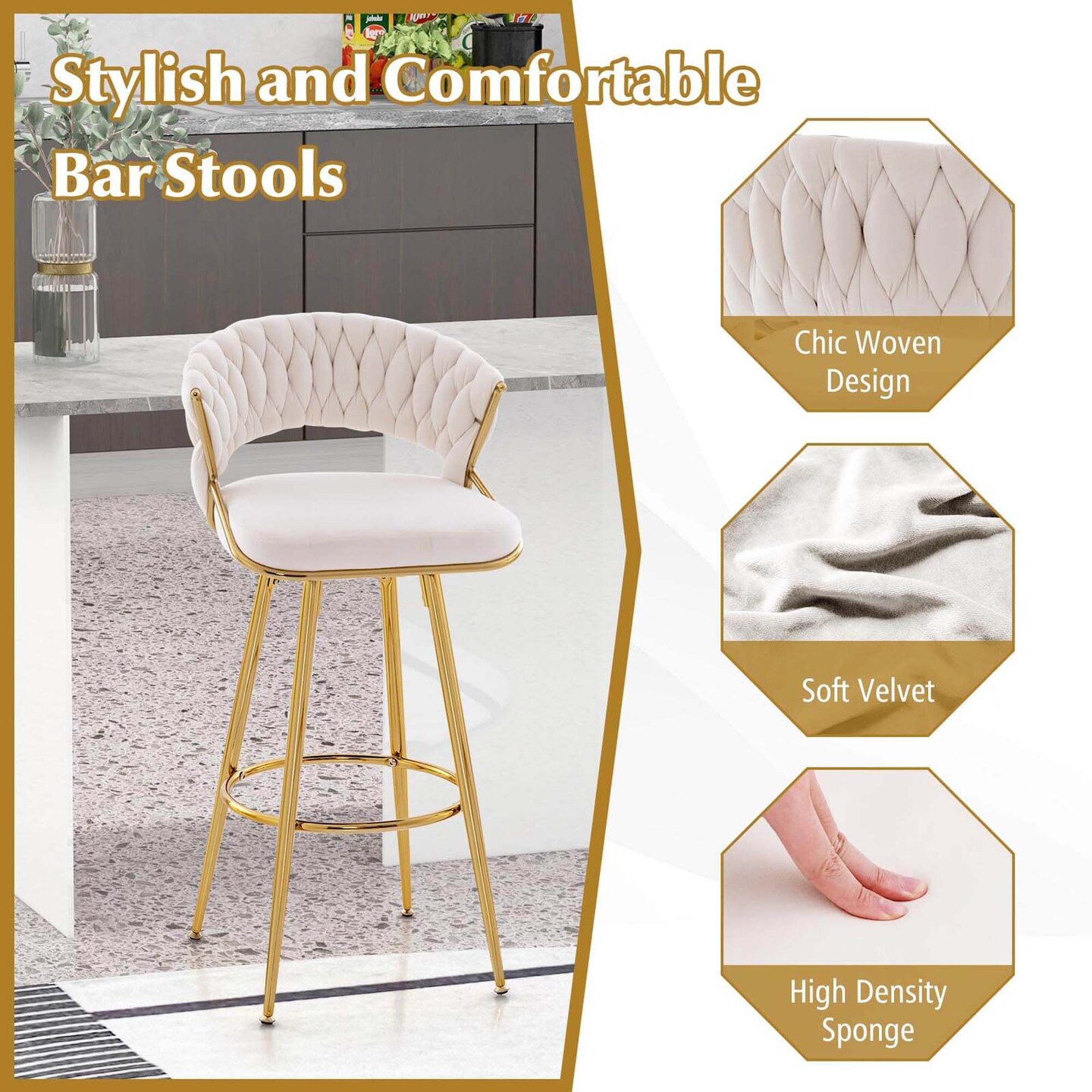 Costway 4 PCS Velvet Bar Stool 29" Bar Height Stools with Woven Backrest & Gold Metal Legs Grey/Beige